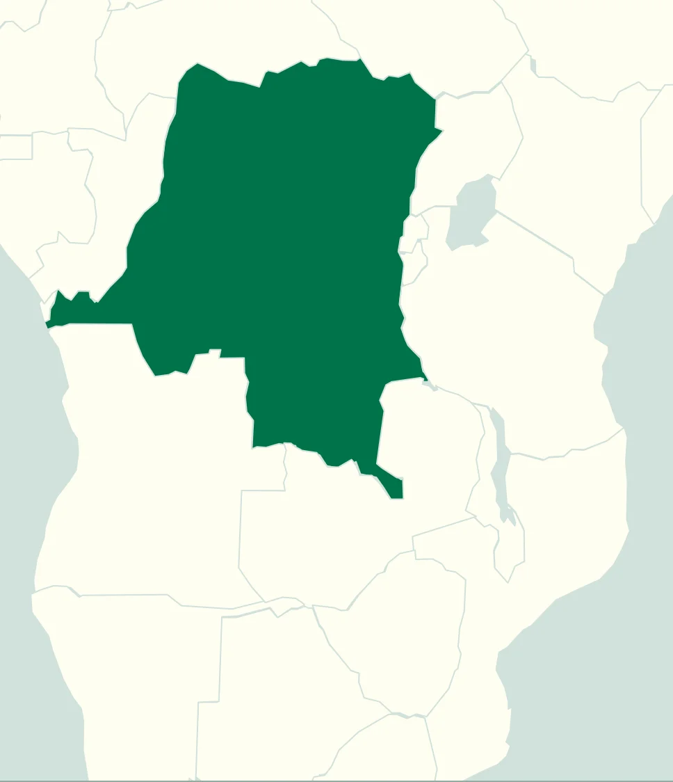 A high-level map highlighting the Democratic Republic of the Congo in the context of its neighboring countries