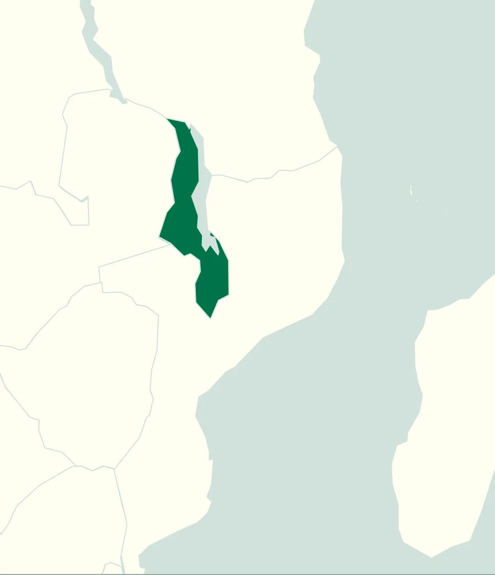 A high-level map highlighting Malawi in the context of its neighboring countries